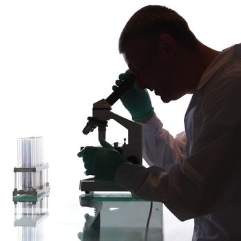 Scientist looking into a microscope in a laboratory