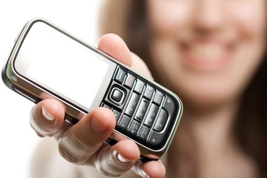 Smiling women holding mobile communication phone