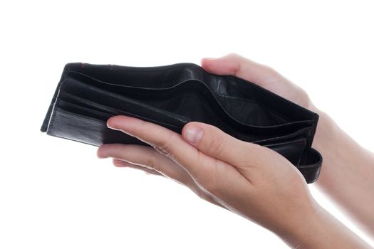 Empty leather currency wallet on finance poverty