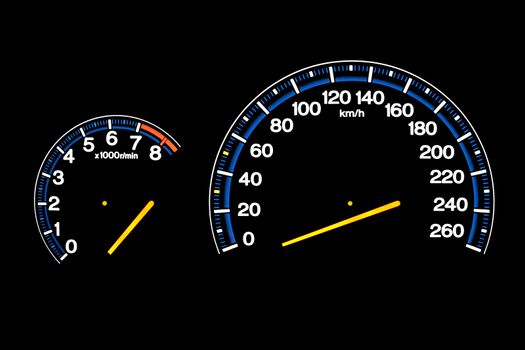 Driving speed speedometer gauge on car dashboard