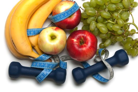 Healthy lifestyle - fruit food, sport exercising