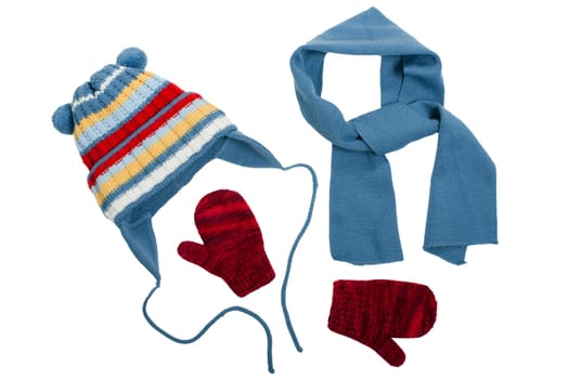 Cold winter clothing - hat or cap, scarf, mitten