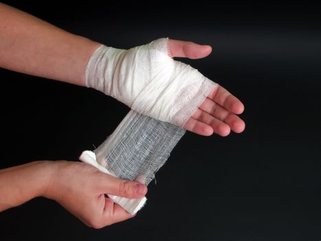 White medicine bandage on human injury hand