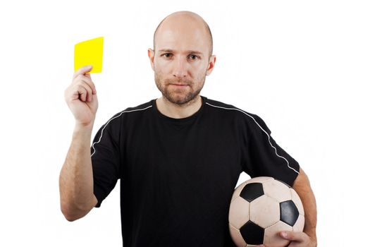 Soccer sport men referee showing yellow card