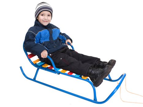 Little child fun winter outdoor snow sport sled