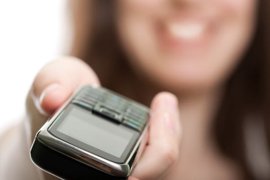 Smiling women holding mobile communication phone