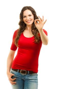 Isolated portrait of a beautiful young happy woman making an ok sign with her fingers