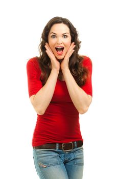Isolated potrait of a beautiful surprised woman wearing a bright red top.