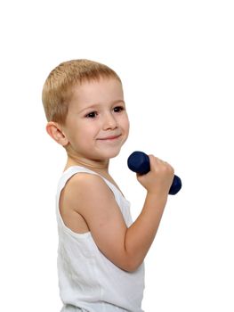 Healthy lifestyle child exercising dumbbell weight