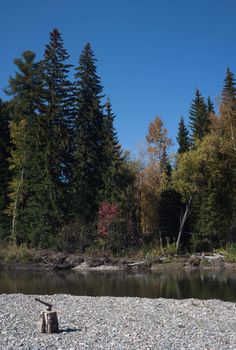 ax on the background of the river and the autumnal forest