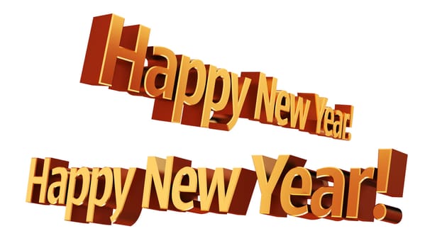 Happy New Year 3D text. Golden, glowing letters on a white background.