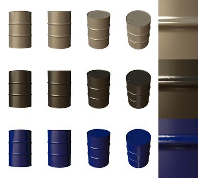 Barrels are isolated on a white background, different camera angles and materials