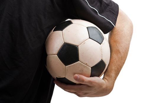 Black white football or soccer sport ball in hand