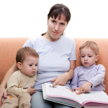 Little child and mother parent reading family book