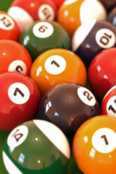 A lot of balls for billiards close-up, shallow depth of field