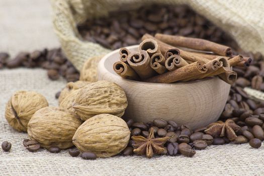 anise, cinnamon sticks, walnuts and coffee beans