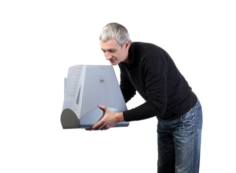 Man throws old TV, on white background