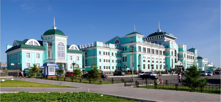 building of concourse of railway station.Omsk.Russia.