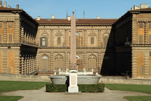 Pitti Palace and Egyptian obelisk in Boboli Gardens in Florence, Italy, Europe