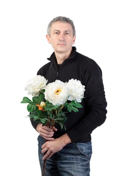 Man holding a bouquet of flowers on white background