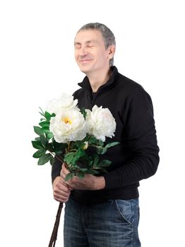 Man holding a bouquet of flowers on white background