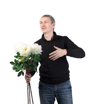 Man holding a bouquet of flowers on white background