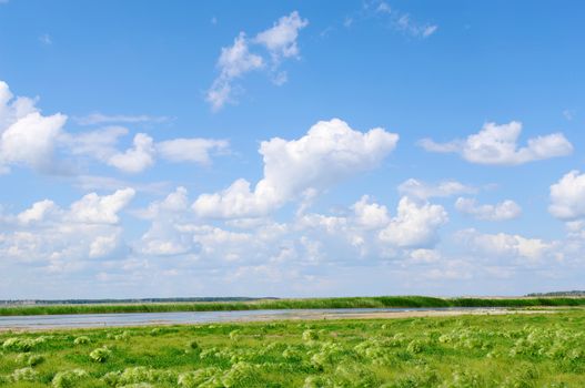  lake,grass and blue cloud sky 