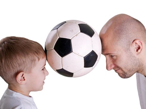Black white football or soccer sport ball on head