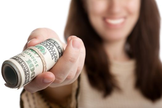 Women hand holding rolled up paper dollar currency