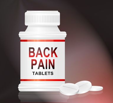 Illustration depicting a single white and red medication container with the words 'back pain tablets' on the front with black and red background and a few tablets in the foreground.
