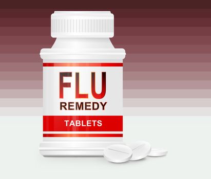 Illustration depicting a single white and red medication container with the words 'flu remedy tablets' on the front with red gradient stripe background and a few tablets in the foreground.