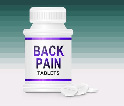 Illustration depicting a single white and blue medication container with the words 'back pain tablets' on the front with green gradient stripe background and a few tablets in the foreground.