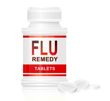 Illustration depicting a single white and red medication container with the words 'flu remedy tablets' on the front with white background and a few tablets in the foreground.