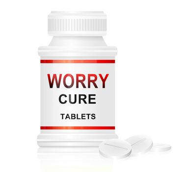 Illustration depicting a single white and red medication container with the words 'worry cure tablets' on the front with white background and a few tablets in the foreground.