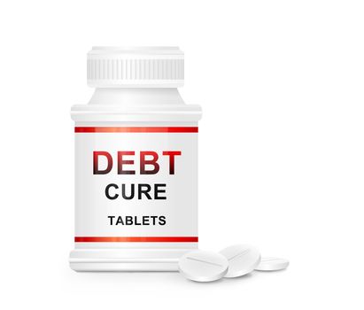 Illustration depicting a single white and red medication container with the words 'debt cure tablets' on the front with white background and a few tablets in the foreground.