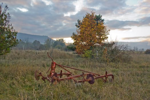 old plow, abandoned on the edge of the forest