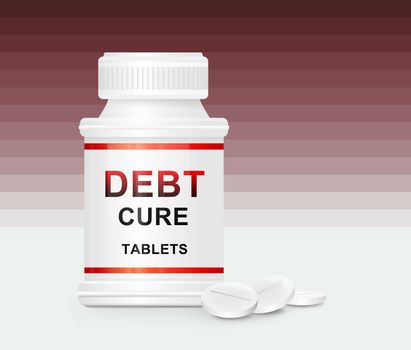 Illustration depicting a single white medication container with the words 'debt cure tablets' on the front with red striped background and a few tablets in the white foreground.