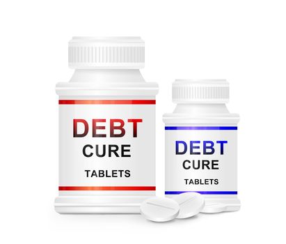 Illustration depicting two medication containers with the words 'debt cure tablets' on the front with white background and a few tablets in the foreground.