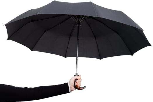 Women hand holding rain wet weather black umbrella