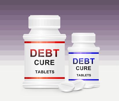 Illustration depicting two medication containers with the words 'debt cure tablets' on the front with violet striped background and a few tablets in the foreground.