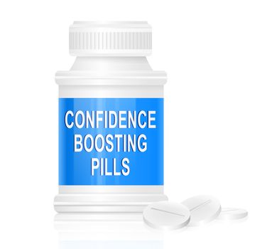 Illustration depicting a single white and blue medication container with the words 'confidence boosting pills' on the front with white background and a few tablets in the foreground.
