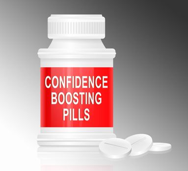 Illustration depicting a single white and red medication container with the words 'confidence boosting pills' on the front with grey background and a few tablets in the foreground.