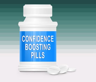 Illustration depicting a single white medication container with the words 'confidence boosting pills' on the front with blue striped background and a few tablets in the white foreground.