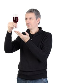 Man holding a glass of red port wine, on white background