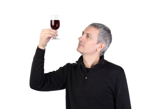 Man holding a glass of red port wine, on white background