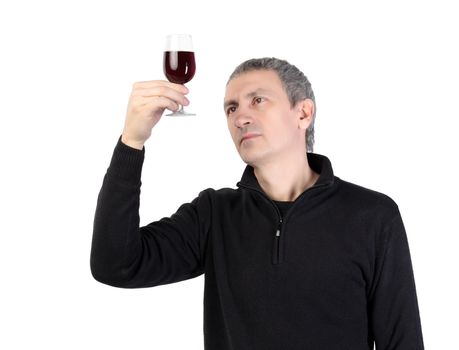 Man holding a glass of red port wine, on white background