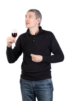 Man holding a glass of red port wine, on white background