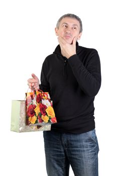 Man with gift bags, white background