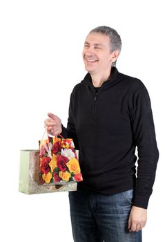 Man with gift bags, white background