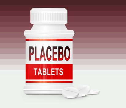 Illustration depicting a single white and red medication container with the words 'placebo tablets' on the front with red gradient stripe background and a few tablets in the foreground.